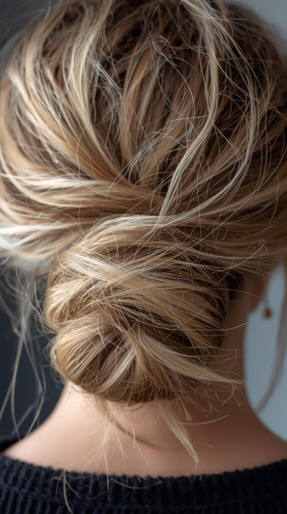 7. Messy Low Bun with Loose Strands