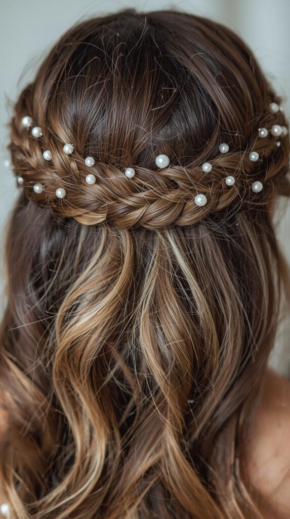 8. Half-Up Braided Crown with Pearls