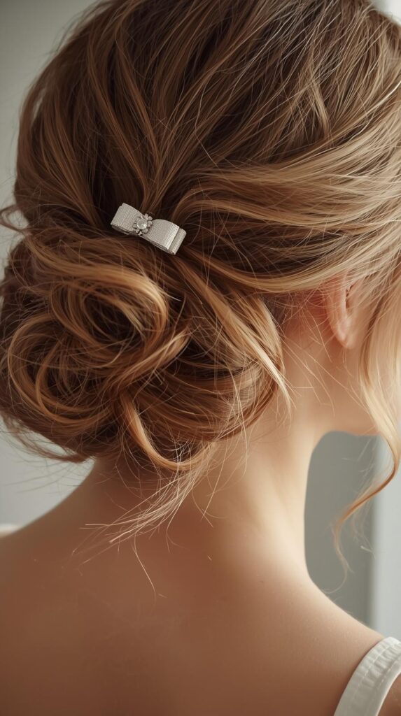 9. Messy Bun With Small Ribbon Bow