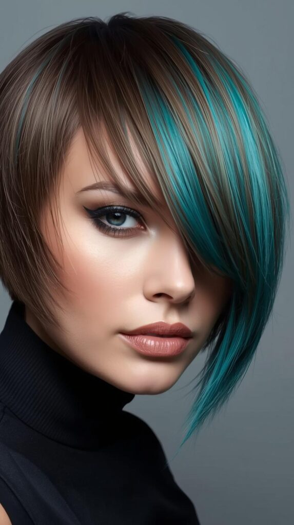 10. Layered Brown Cut with Bold Teal Panels