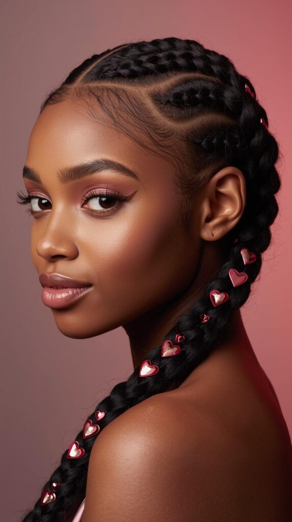 2. Valentine Day Braided Hairstyle with Heart Details