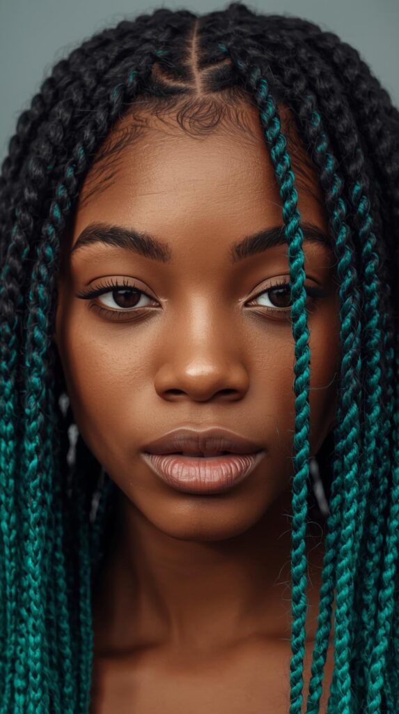 3. Box Braids with Teal Peekaboo Strands