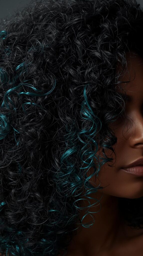 4. Curly Hair with Hidden Teal Highlights