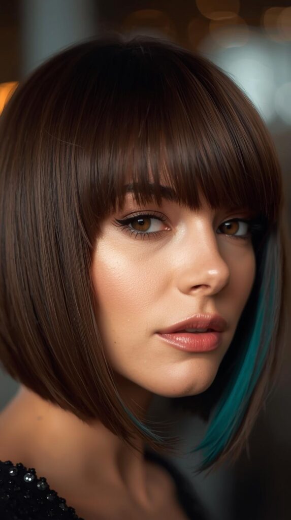 5. Chic Brown Bob with Teal Underlights