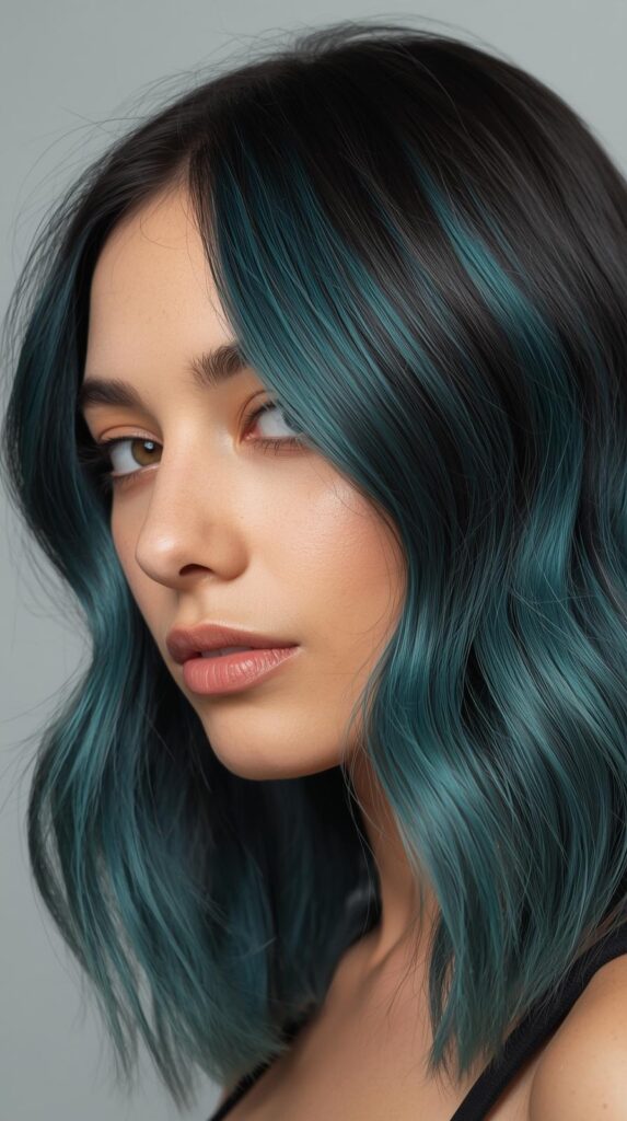 5. Teal Peekaboo Bob on Relaxed Hair