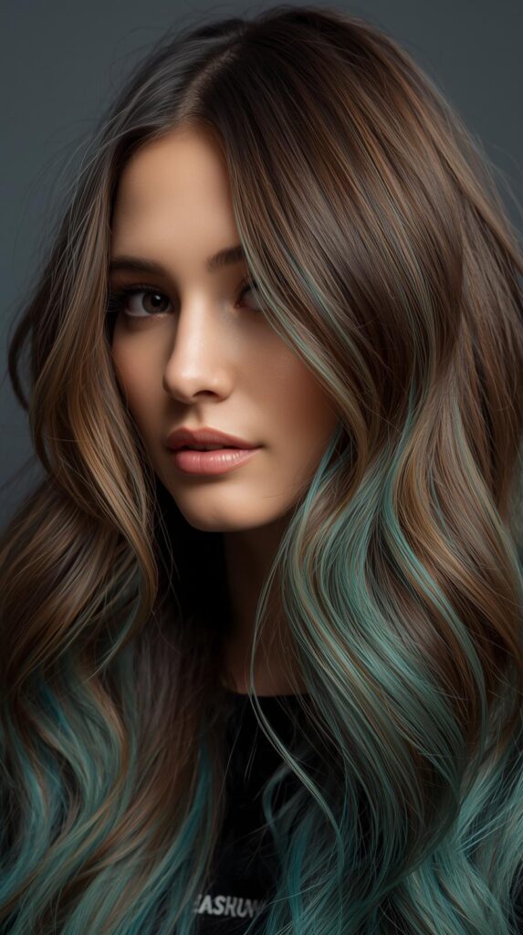 7. Long Layered Hair with Teal Accents