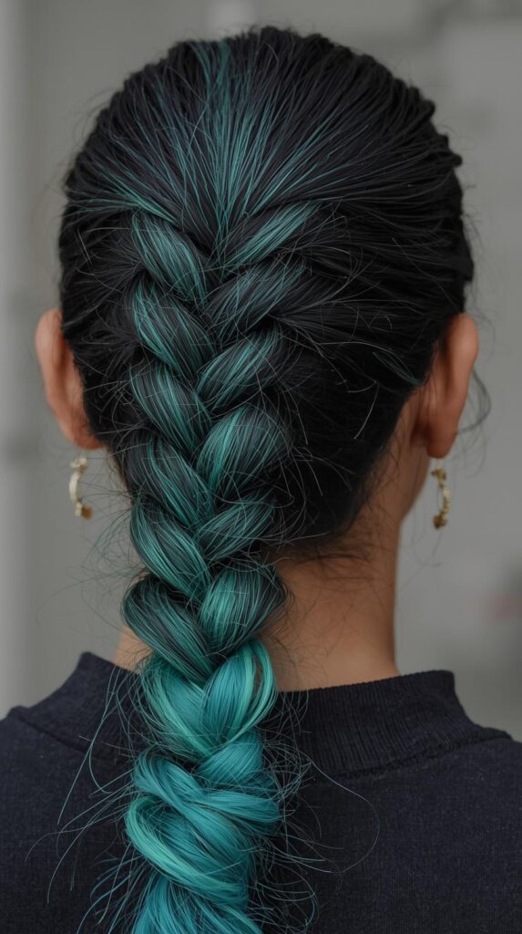 8. Braided Ponytail with Teal Peekaboo