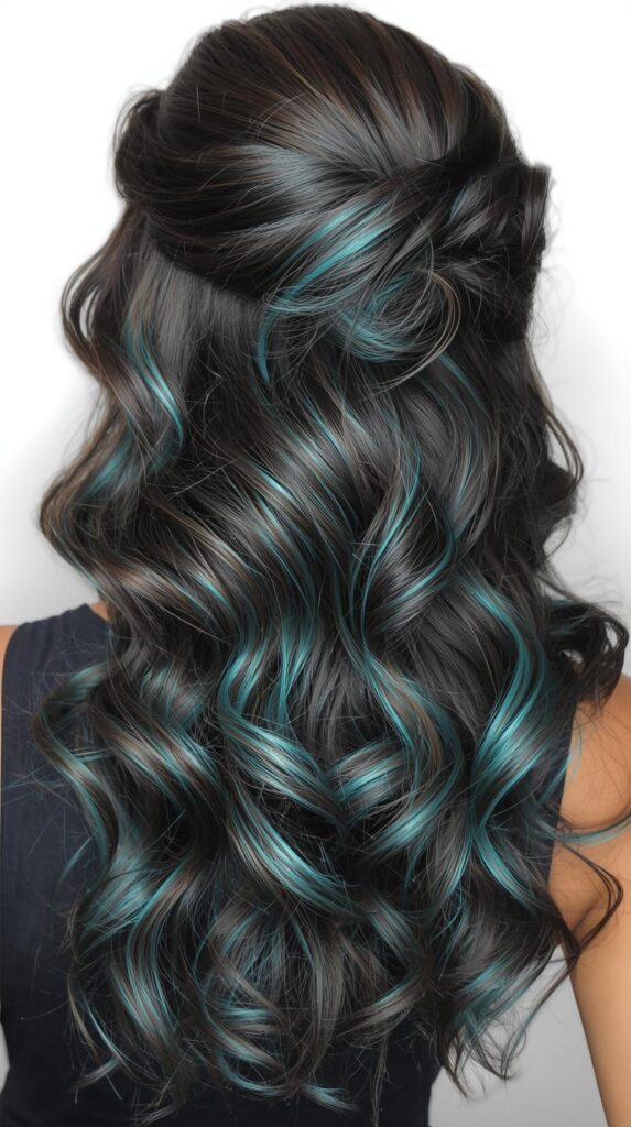 8. Half-Up Curly Style with Teal Peekaboo