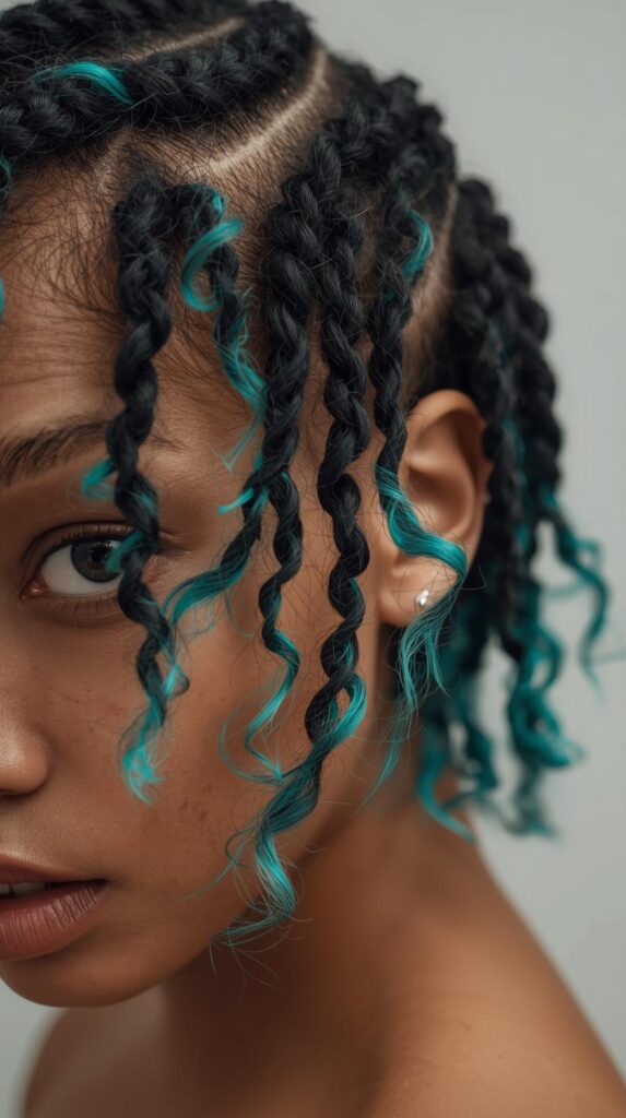 9. Braided Curly Style with Teal Peekaboo