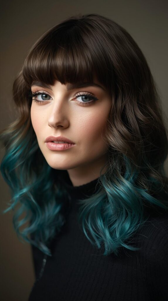 9. Curtain Bangs with Teal Underlayers