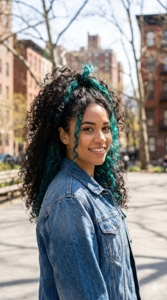 11. High Curly Ponytail with Teal Peekaboo