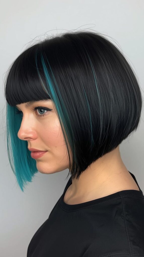 1. Short Black Bob With Teal Peekaboo