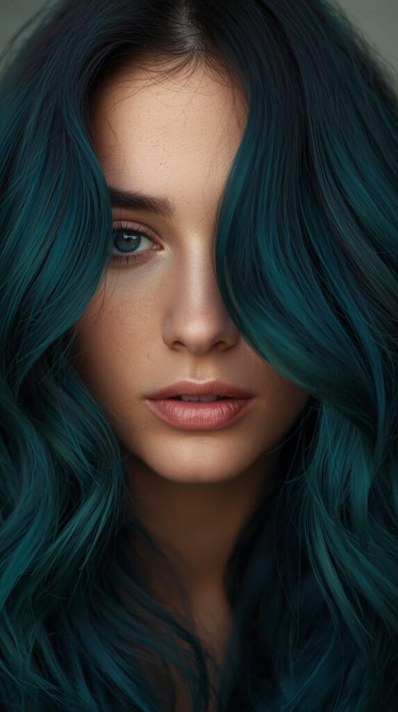 2. Deep Teal Panels with Loose Waves