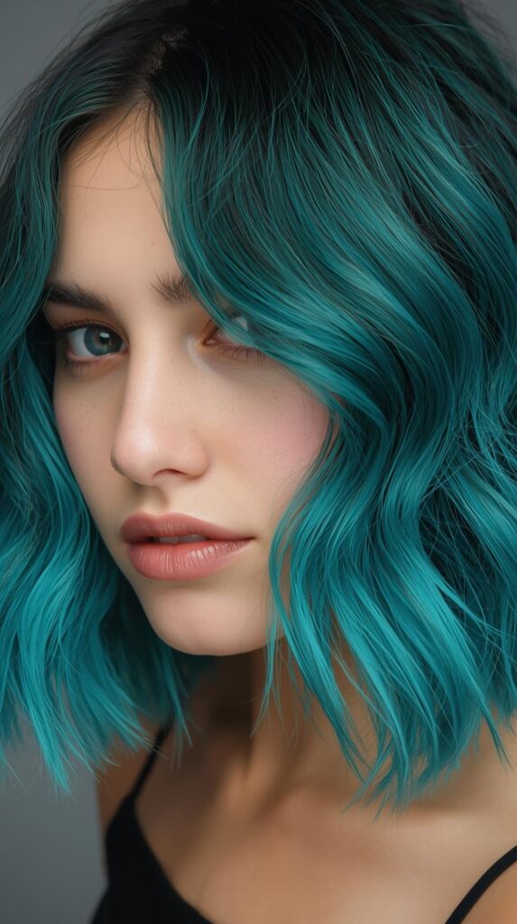 4. Wavy Short Hair With Teal Peekaboo