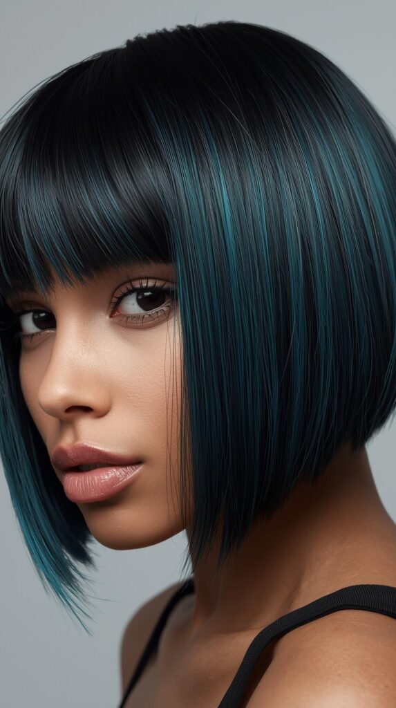 6. Short Black Lob With Teal Highlights