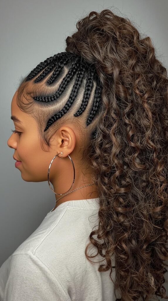 7. Side Cornrows with Curly Ponytail