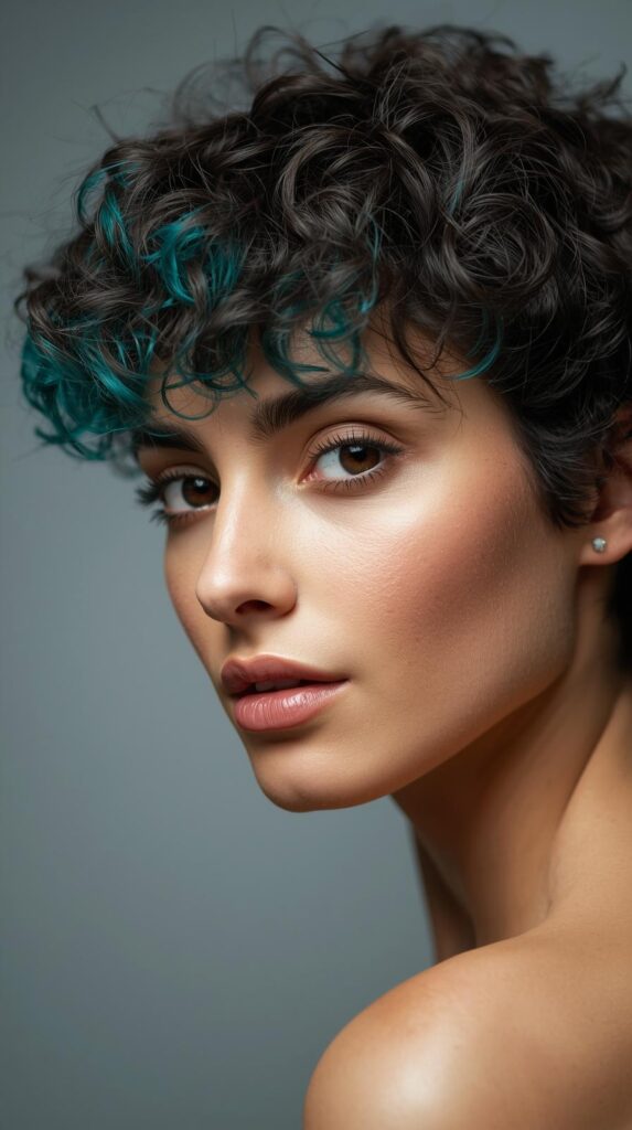 8. Curly Short Hair With Teal Peekaboo
