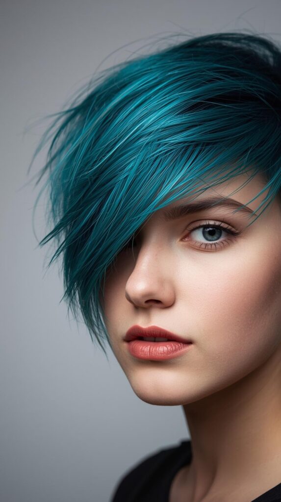 9. Asymmetrical Short Hair With Teal Peekaboo