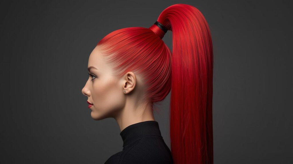 bright red high ponytail