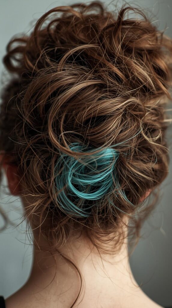 10. Messy Curly Bun with Teal Peekaboo
