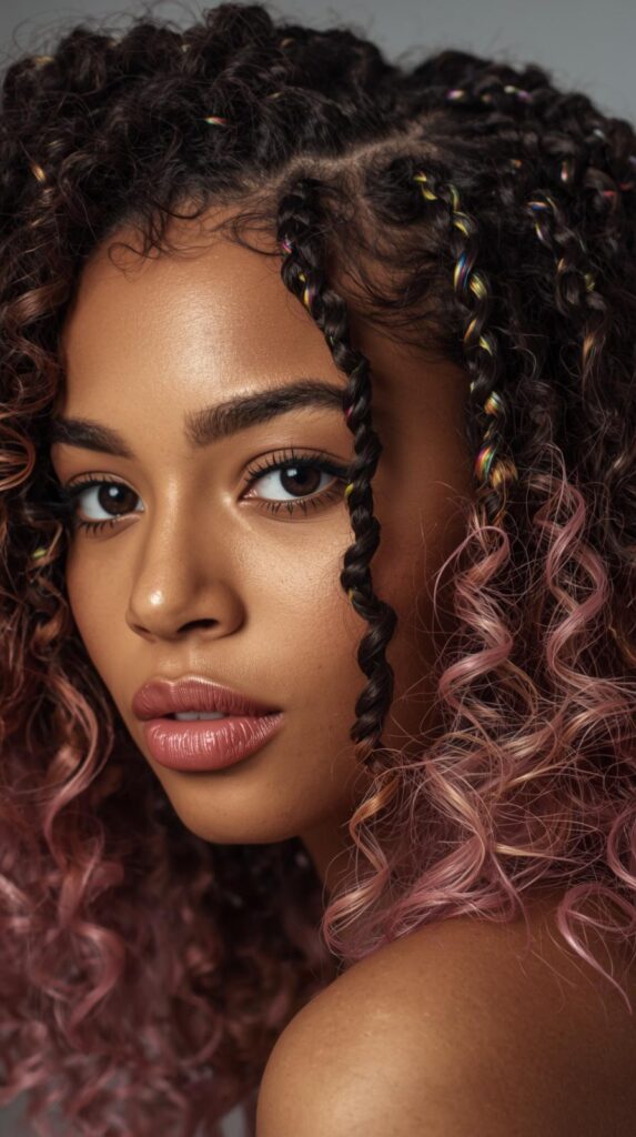 12. Braided Curly Style with Peekaboo Rainbow Highlights