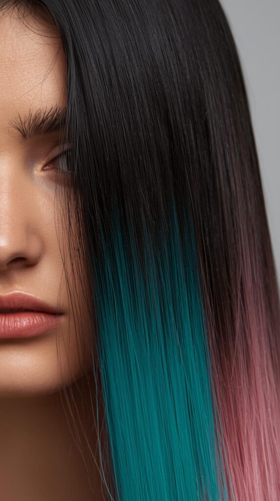 Straight Hair with Hidden Turquoise Pink Layer