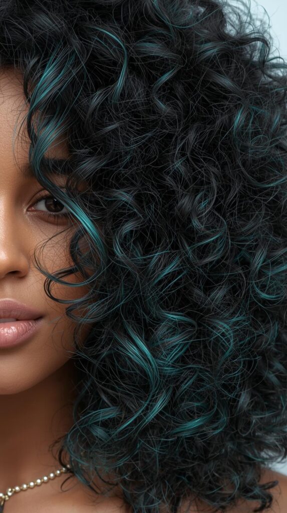 3. Shoulder-Length Curly Hair with Teal Accents