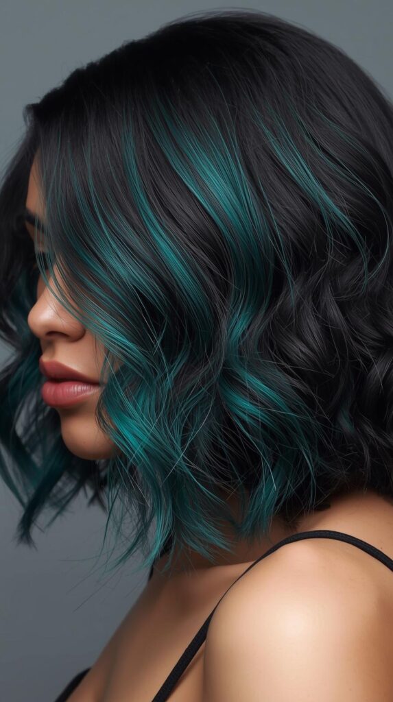 4. Curly Bob with Teal Peekaboo Highlights