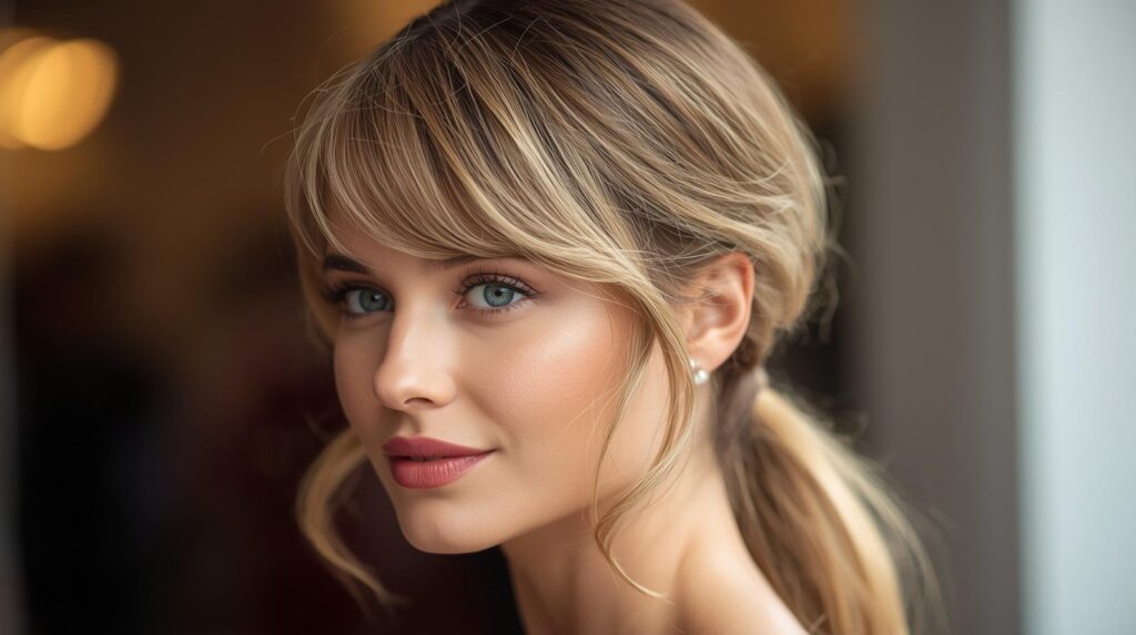 Low Ponytail with Curtain Bangs and Face-Framing Pieces