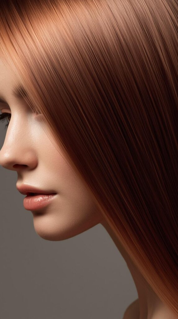 5. Glossy Straight Rose Gold Copper Brown Hair
