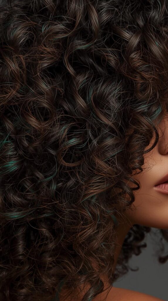 5. Tight Curls with Hidden Teal Highlights