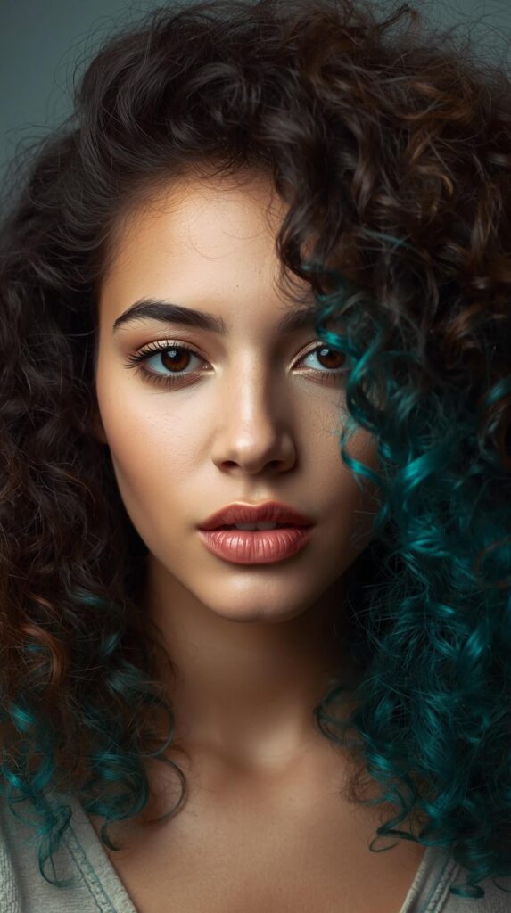6. Half-Up Curly Hair with Teal Peekaboo