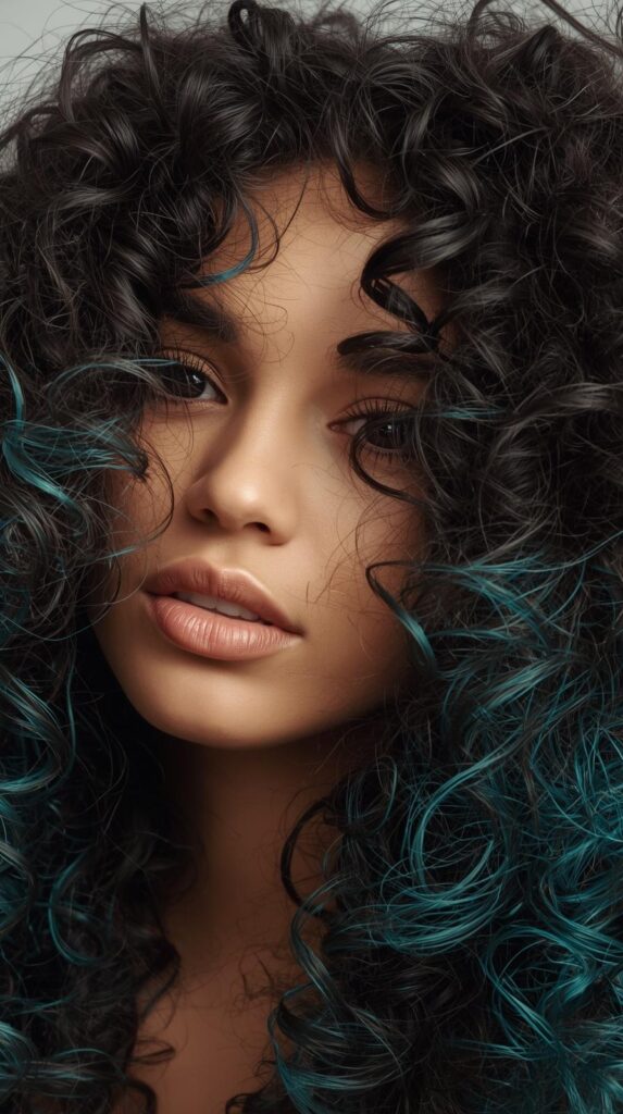 7. Curly Layers with Teal Peekaboo Streaks