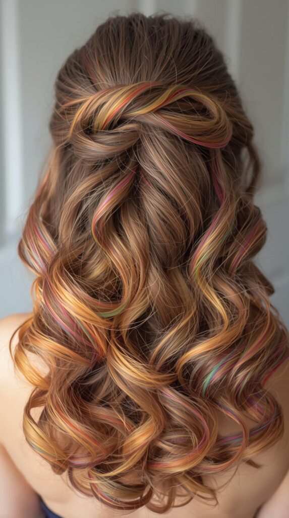 7. Half-Up Curly Hairstyle Showing Rainbow Peekaboo