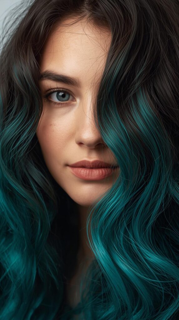 8. Long Curly Hair with Teal Ends