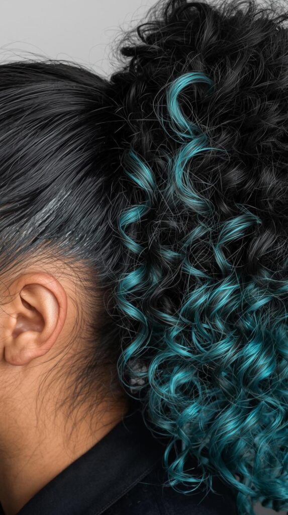 9. Curly Ponytail with Teal Peekaboo