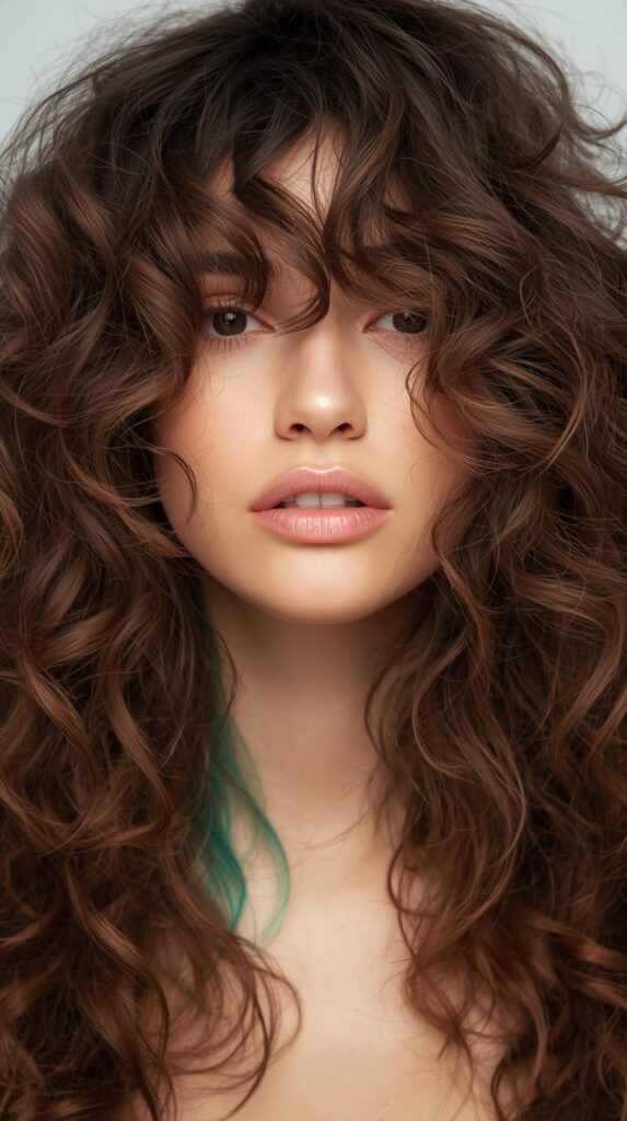 Loose Brown Curly Hair with Teal Peekaboo