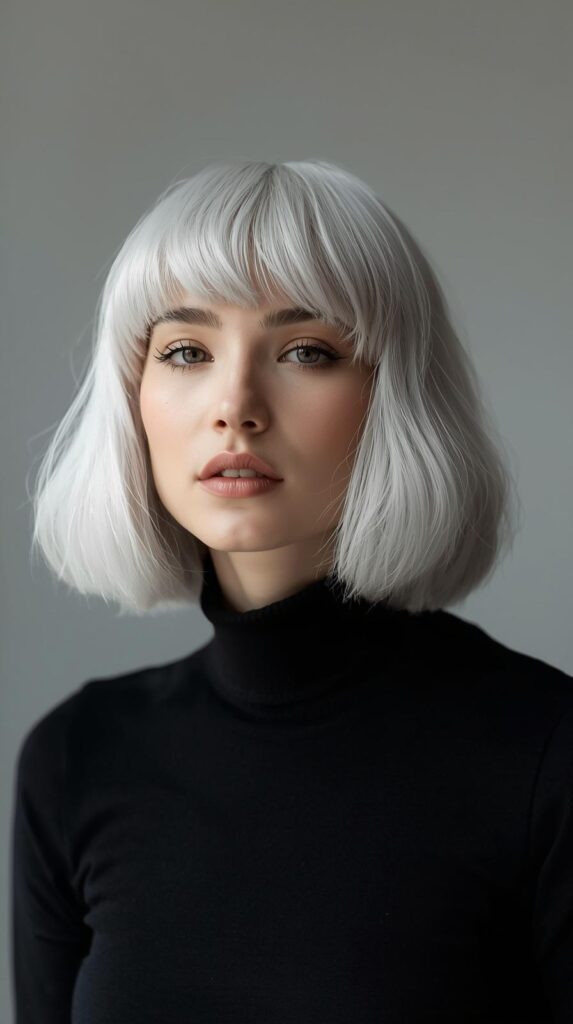 Cool Summer White Hair with Curtain Bangs