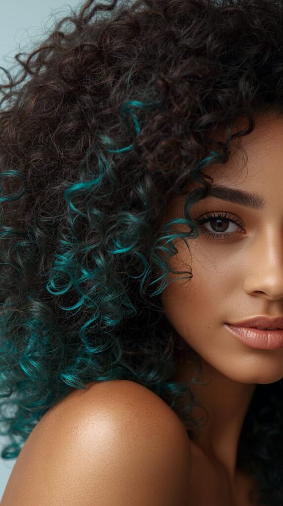 Dark Brown Curly Hair with Teal Peekaboo