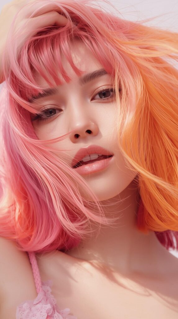 Pink and Orange Summer Hair with Curtain Bangs