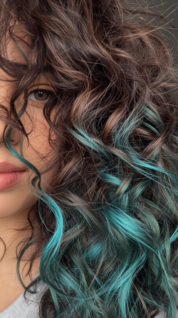 Beach Wave Brown Curly Hair with Teal Peekaboo