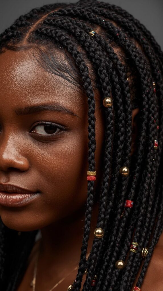 Long Knotless Braids with Beads and Charms