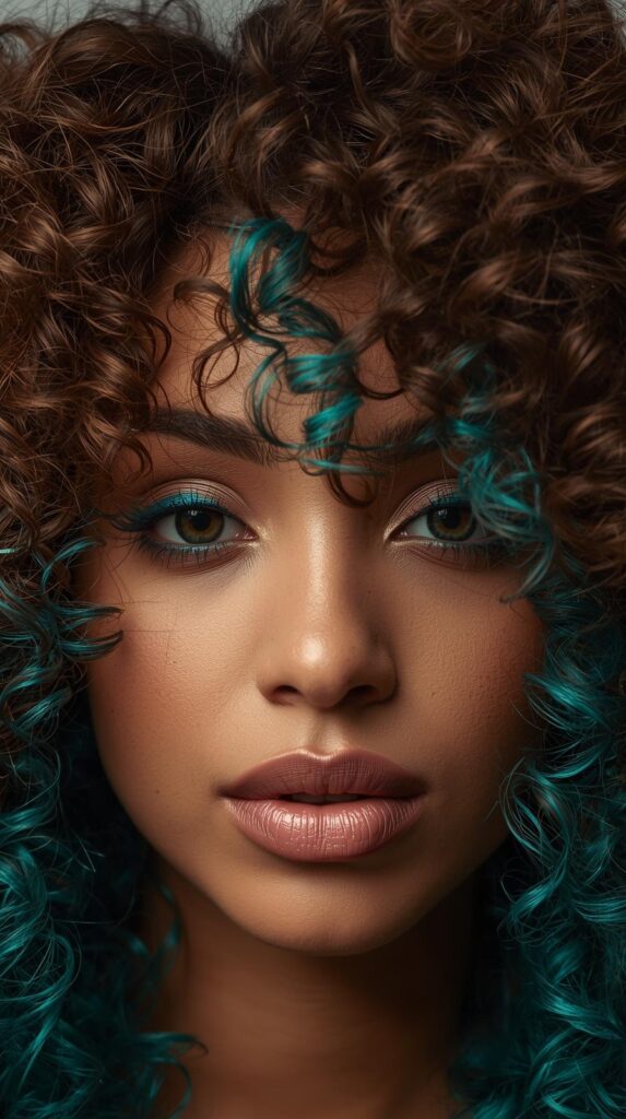 Brown Curly Hair with Teal Peekaboo Money Piece