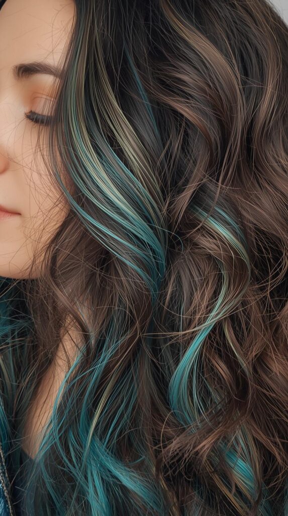 Long Brown Curly Hair with Teal Peekaboo