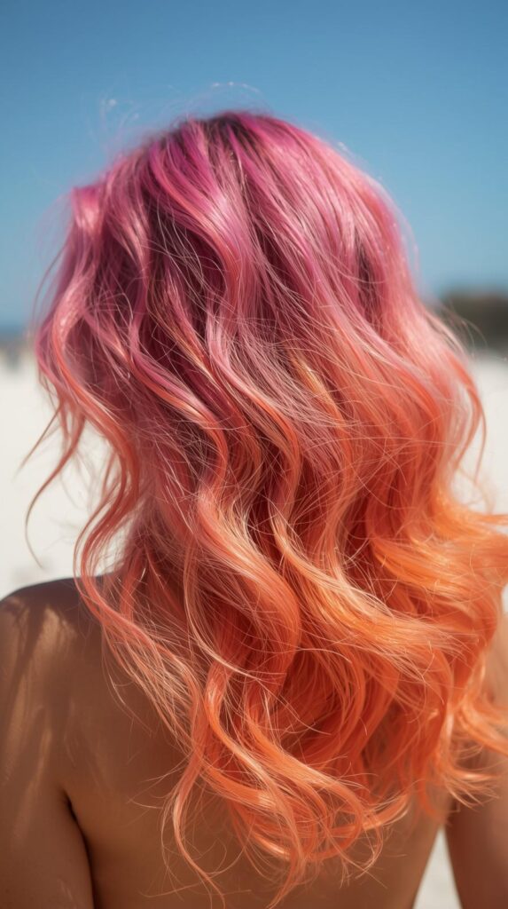 Pink and Orange Summer Hair with Beach Waves