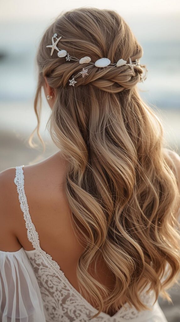 Half-Up Beach Wedding Hairstyles for Long Hair