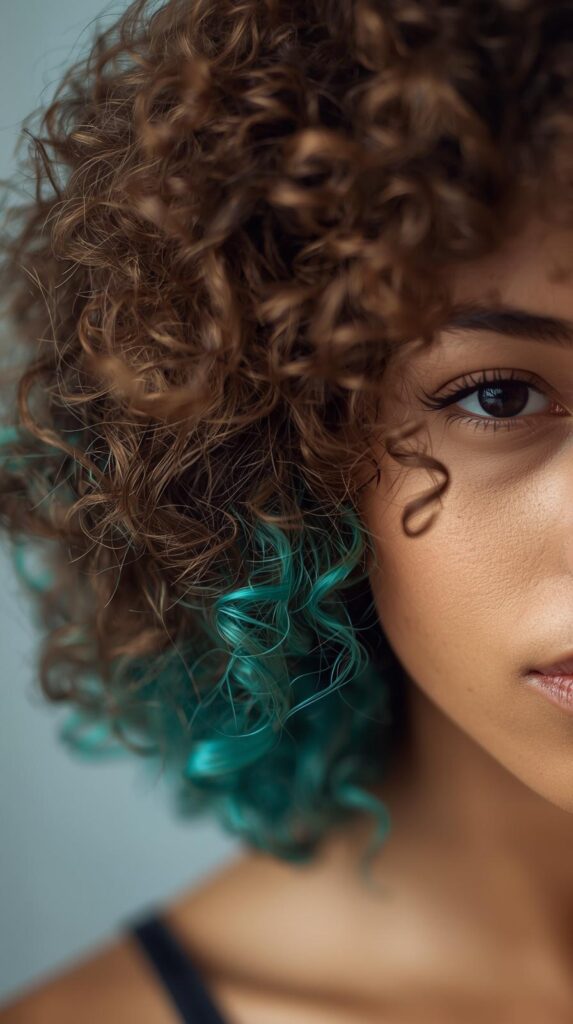Short Brown Curly Hair with Teal Peekaboo