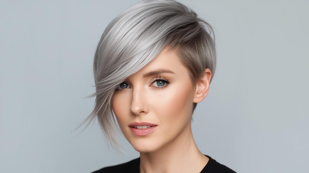 Silver Fox Pixie Cut with Long Side Bangs