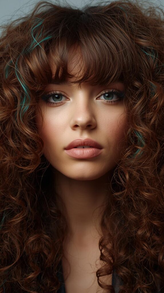 Brown Curly Hair with Teal Peekaboo and Bangs
