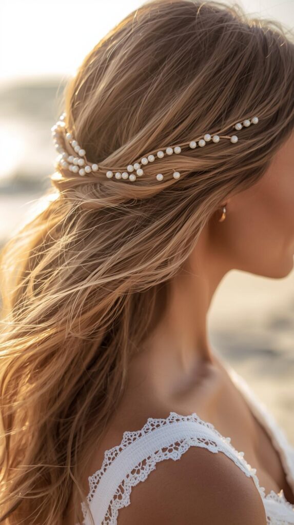 Beach Wedding Hairstyles for Long Hair with Pearls
